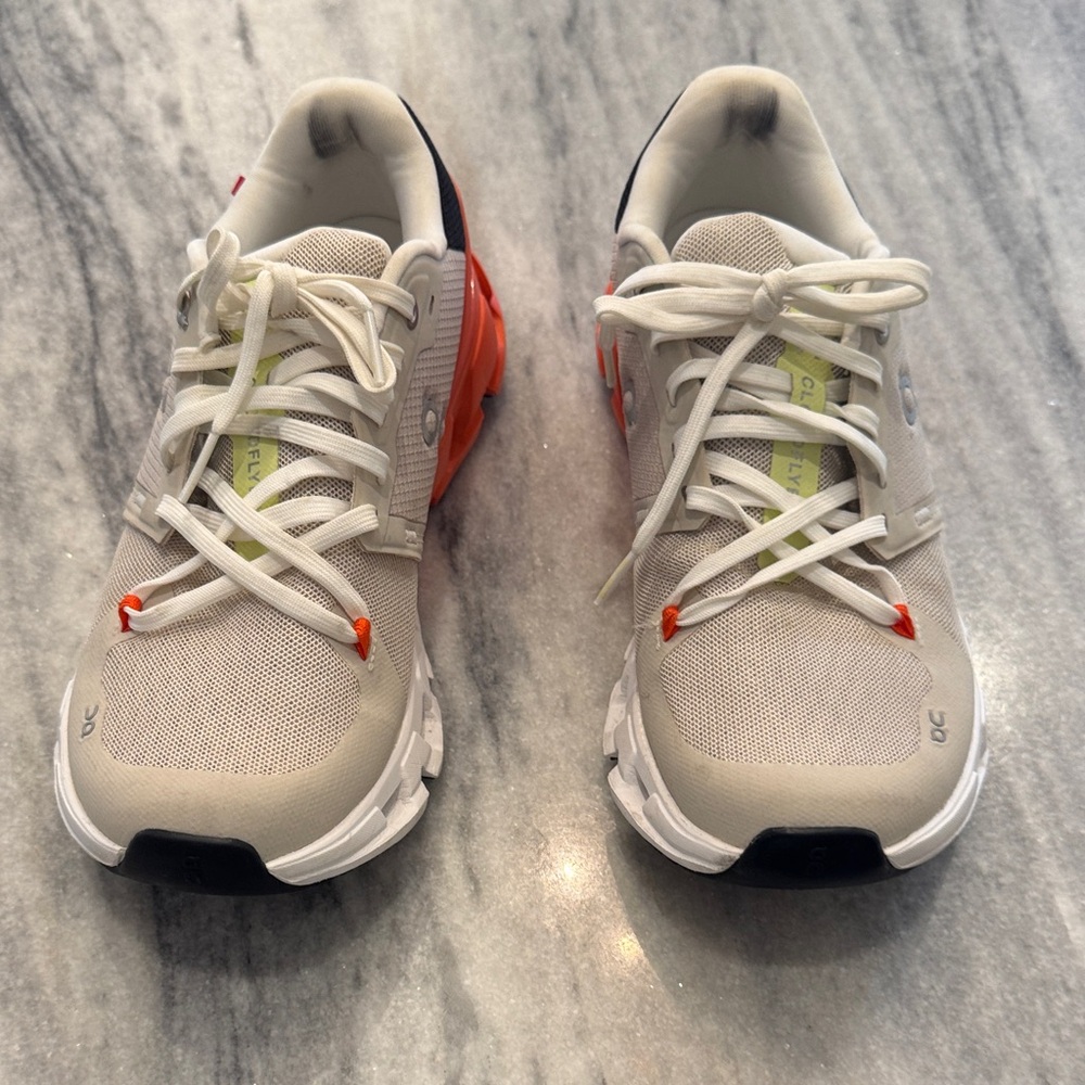 On Cloudflyer Tan and Orange Sneakers